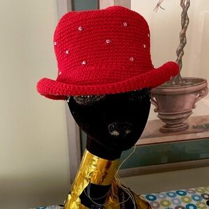 ❤️ Woman’s HAT RED Beaded Woven Flexible Brim Unique Crochet Cloche Autumn Fall